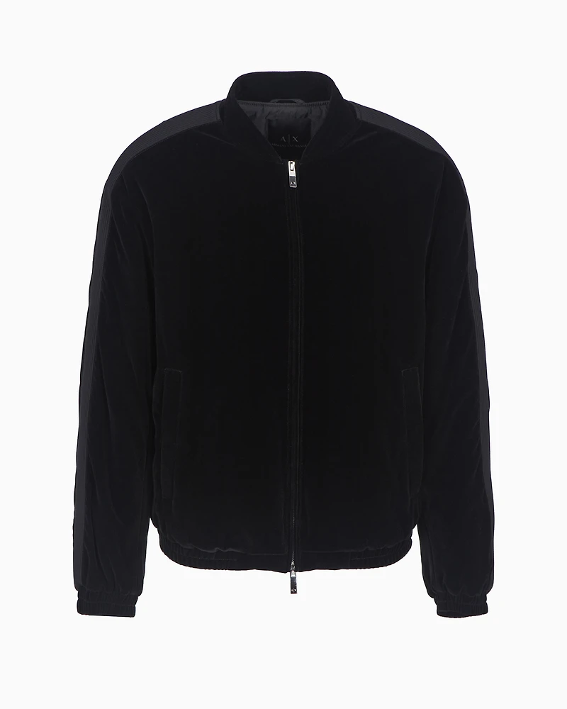 Velour bomber jacket with contrasting bands on the sleeves