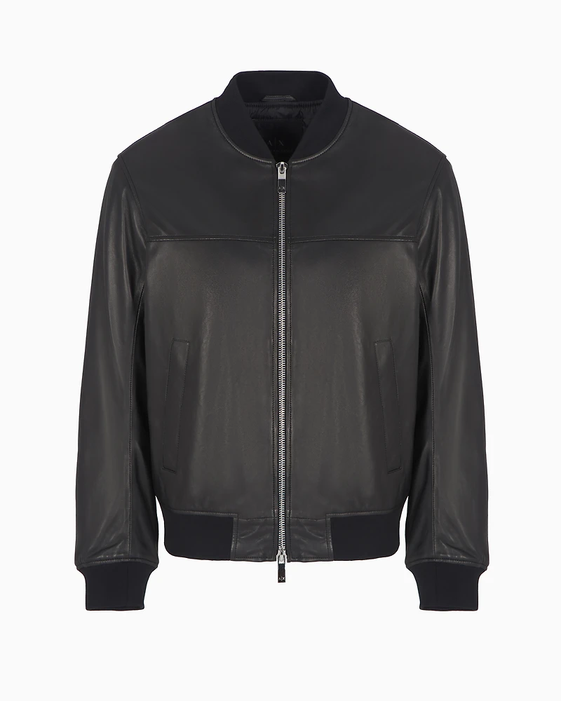 Leather jacket with fabric details