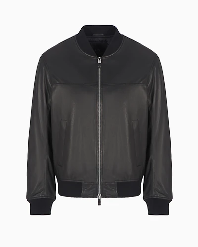 Leather jacket with fabric details