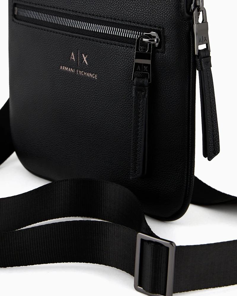 Semi-rigid flat shoulder bag with external pocket