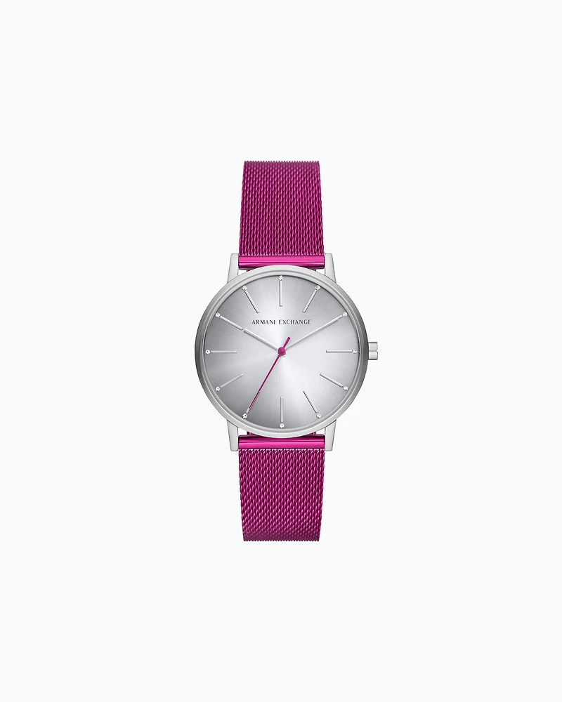 Pink stainless steel mesh three-hand watch