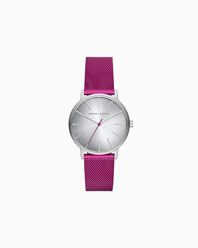 Pink stainless steel mesh three-hand watch