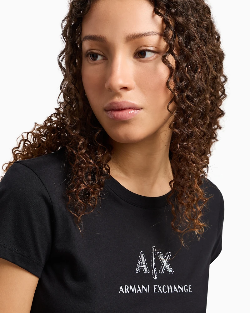 Slim fit T-shirt with logo and rhinestones