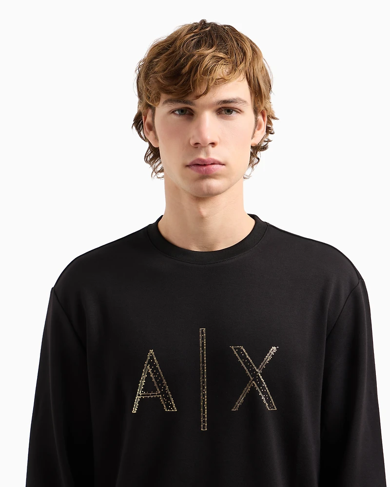 Crewneck sweatshirt with gold rhinestone logo