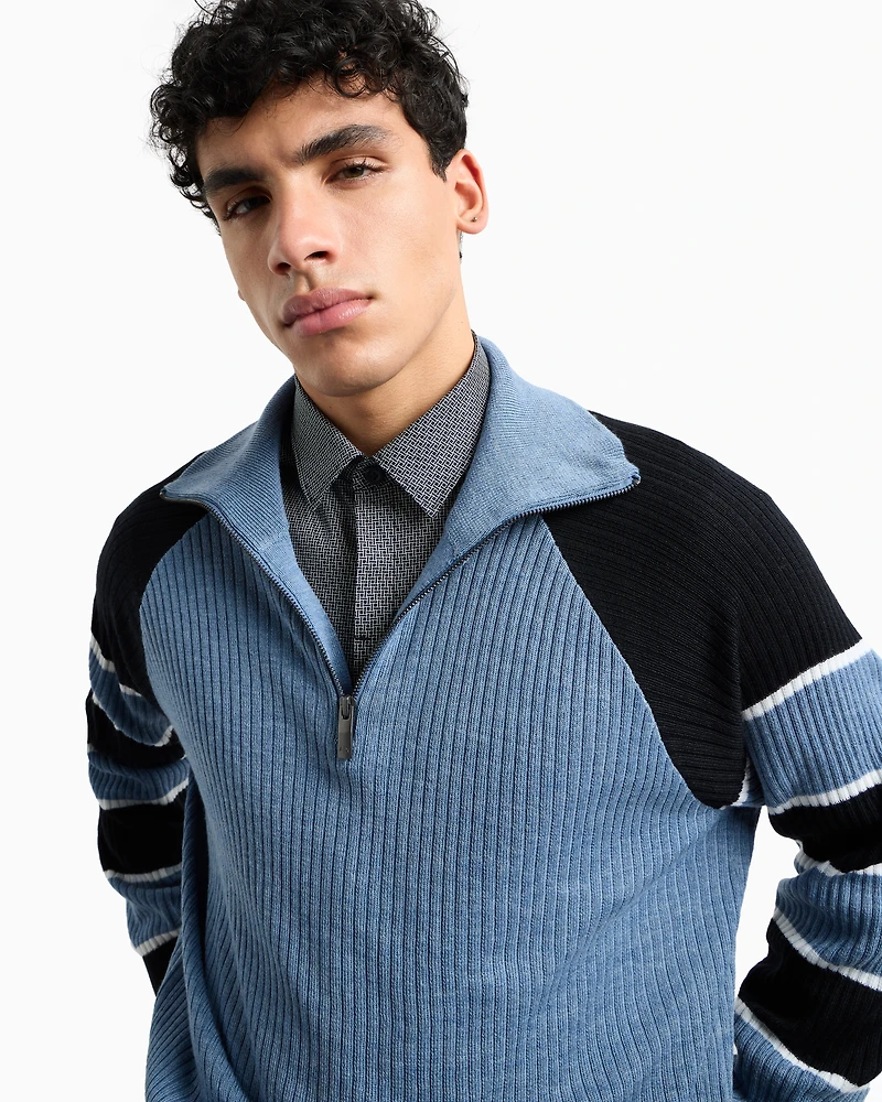 Zip-up sweater with striped sleeves
