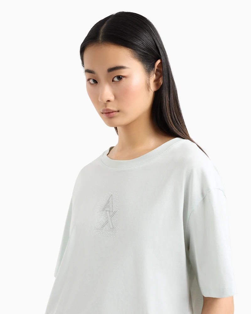 Cropped T-shirt with rhinestone logo