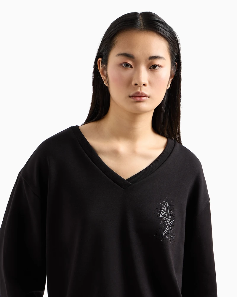 V-neck sweatshirt with rhinestone logo