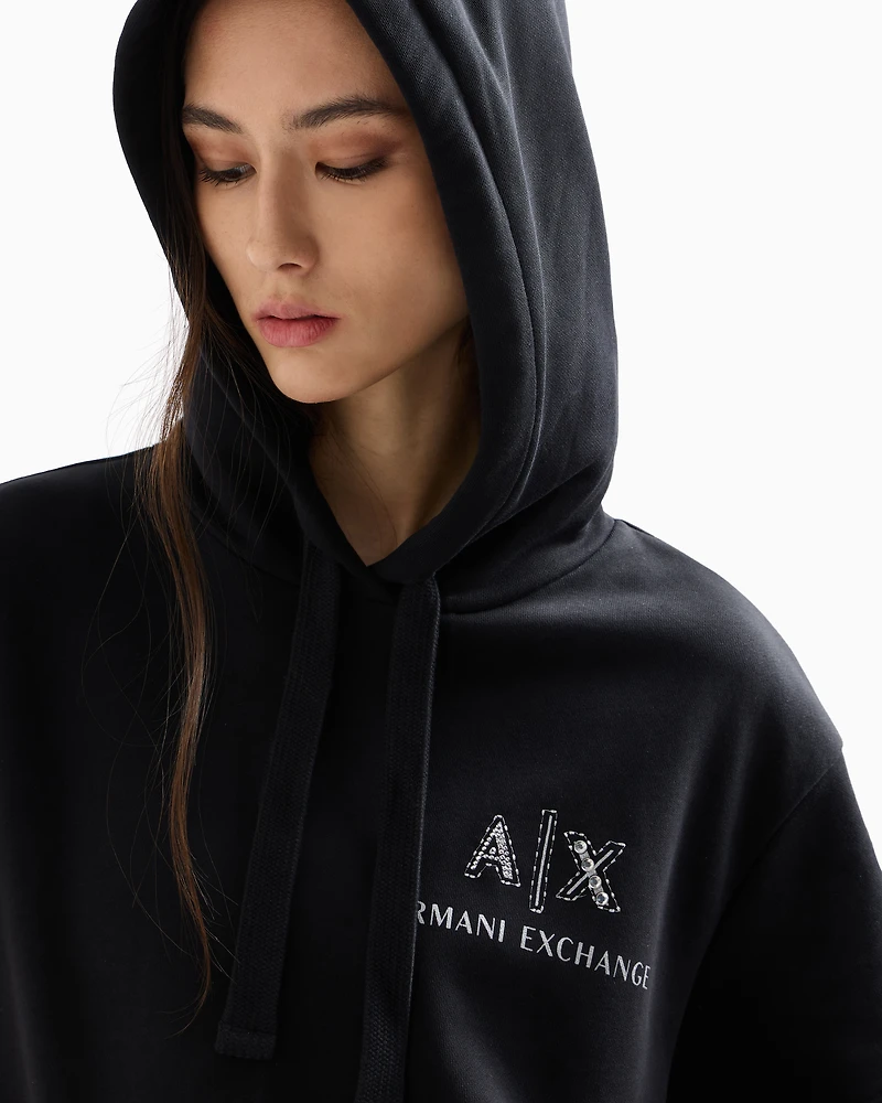 Short-sleeved sweatshirt with logo and rhinestones