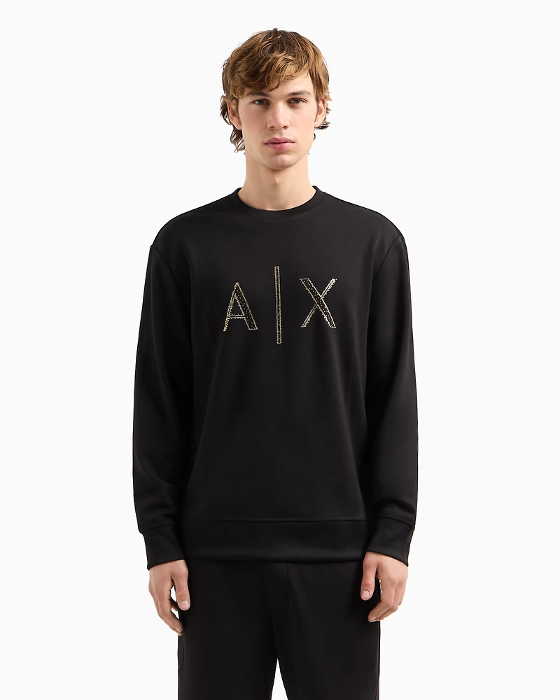 Crewneck sweatshirt with gold rhinestone logo