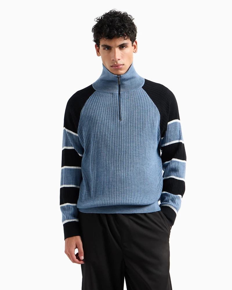 Zip-up sweater with striped sleeves