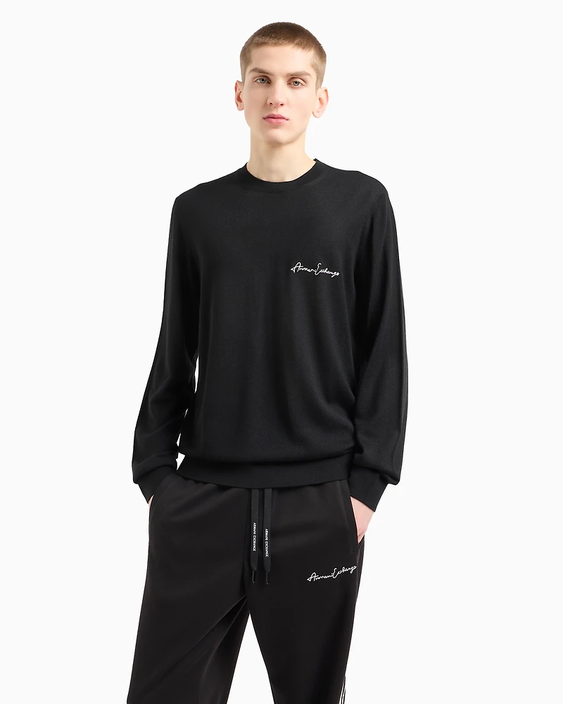 Wool blend crew neck sweater with chest logo