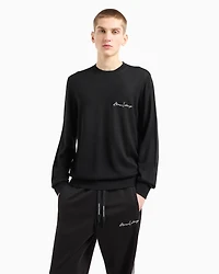 Wool blend crew neck sweater with chest logo
