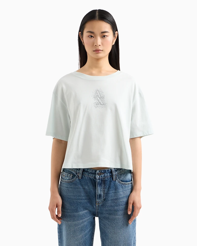 Cropped T-shirt with rhinestone logo