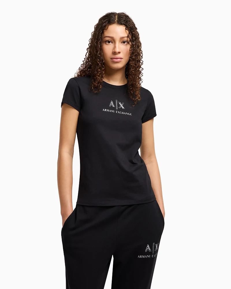 Slim fit T-shirt with logo and rhinestones