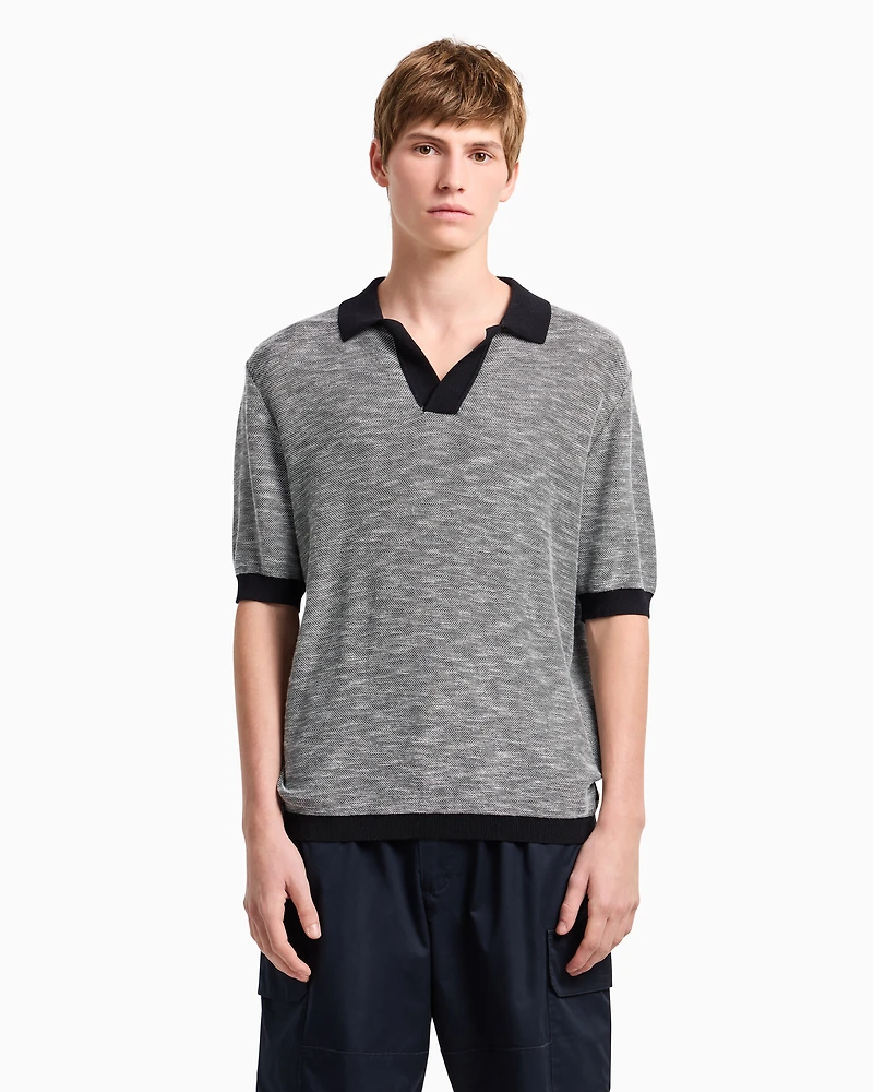 Short-sleeved knitted polo melange cotton