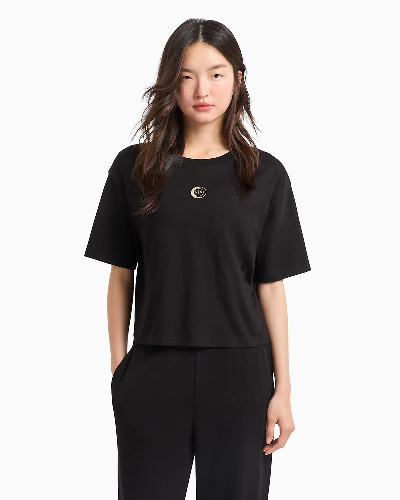Cropped jersey T-shirt with metal logo