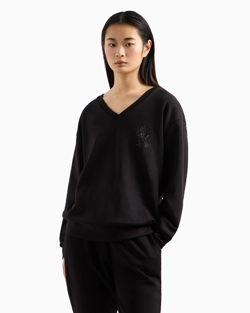 V-neck sweatshirt with rhinestone logo