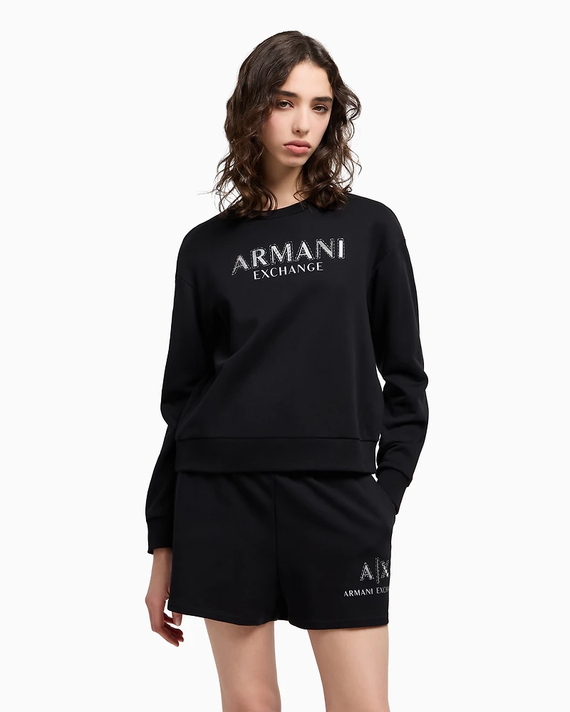 Sweatshirt shorts with logo and rhinestones