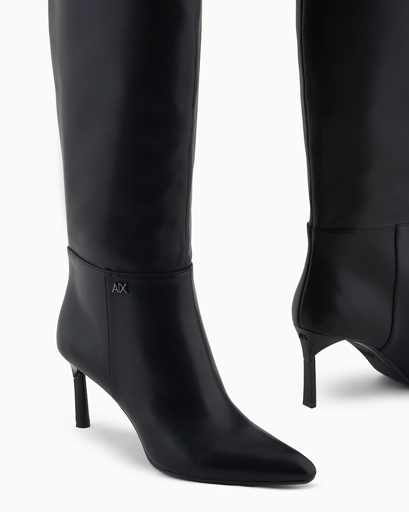BLACK HIGH HEEL KNEE LOGO BOOTS