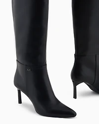 BLACK HIGH HEEL KNEE LOGO BOOTS