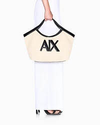 Woven fabric handbag with logo