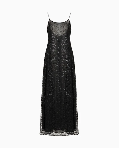 Emporio Armani - Long tulle dress with all-over micro-sequin and jet embroidery, Woman, Black, Size: