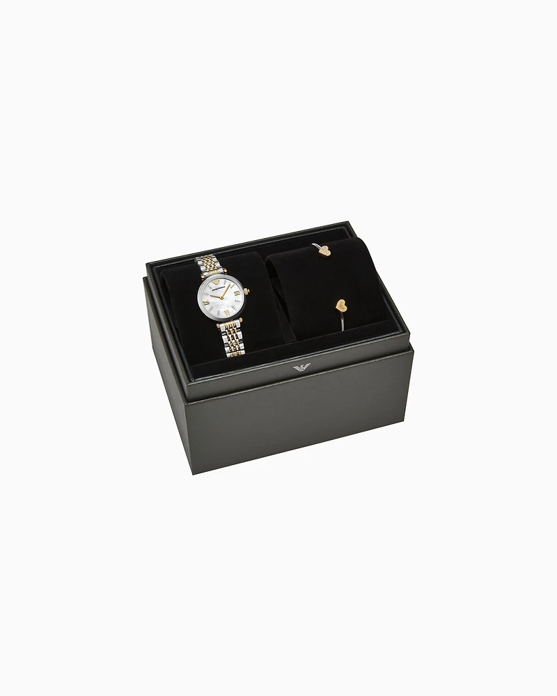 Emporio Armani -  Two-Hand Two-Tone Stainless Steel Watch and Bracelet Set, Woman, Multicoloured, Size: TU