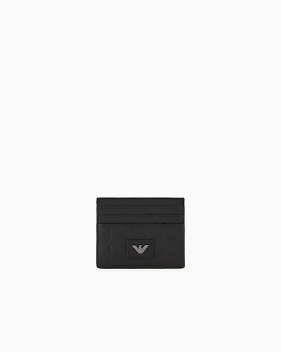 Emporio Armani - Leather card holder with all-over embossed eagle, Man, Black, Size: TU
