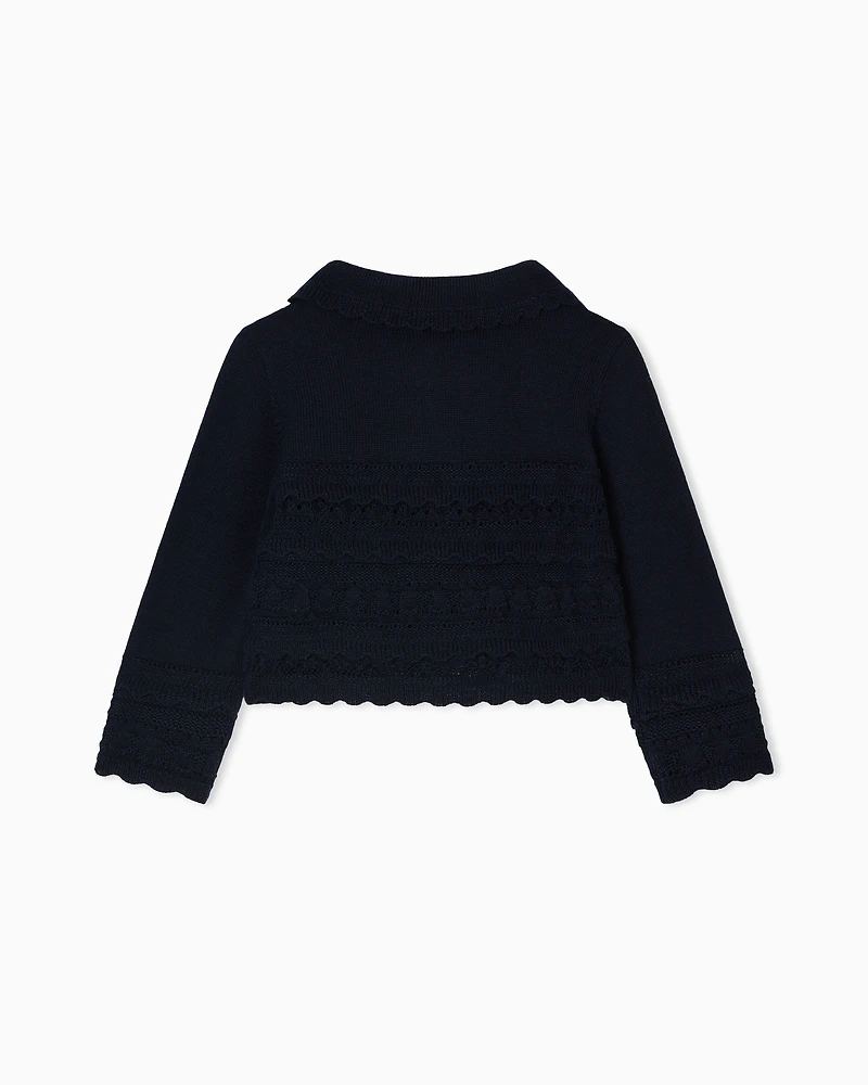 Emporio Armani - Wool-blend knit cardigan with micro ruffles, Girl, Navy Blue, Size: