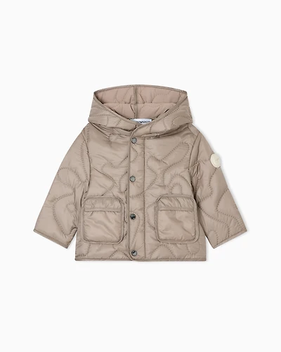 Emporio Armani - Nylon hooded jacket with 3D quilted-effect embroidery, Boy, Beige, Size:
