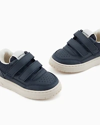 Emporio Armani - Leather sneakers with mesh details, Boy, Navy Blue, Size: