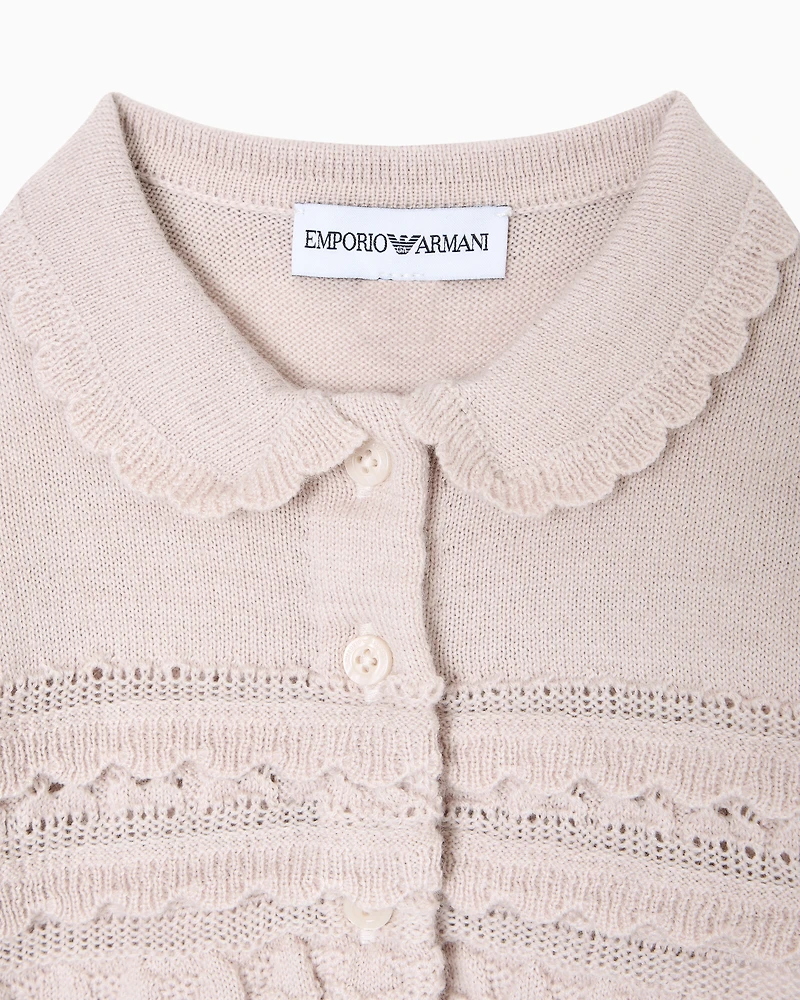 Emporio Armani - Wool-blend knit cardigan with micro ruffles, Girl, Beige, Size: