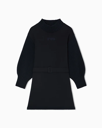 Emporio Armani - Double jersey dress with knit sleeves, Girl, Navy Blue, Size: