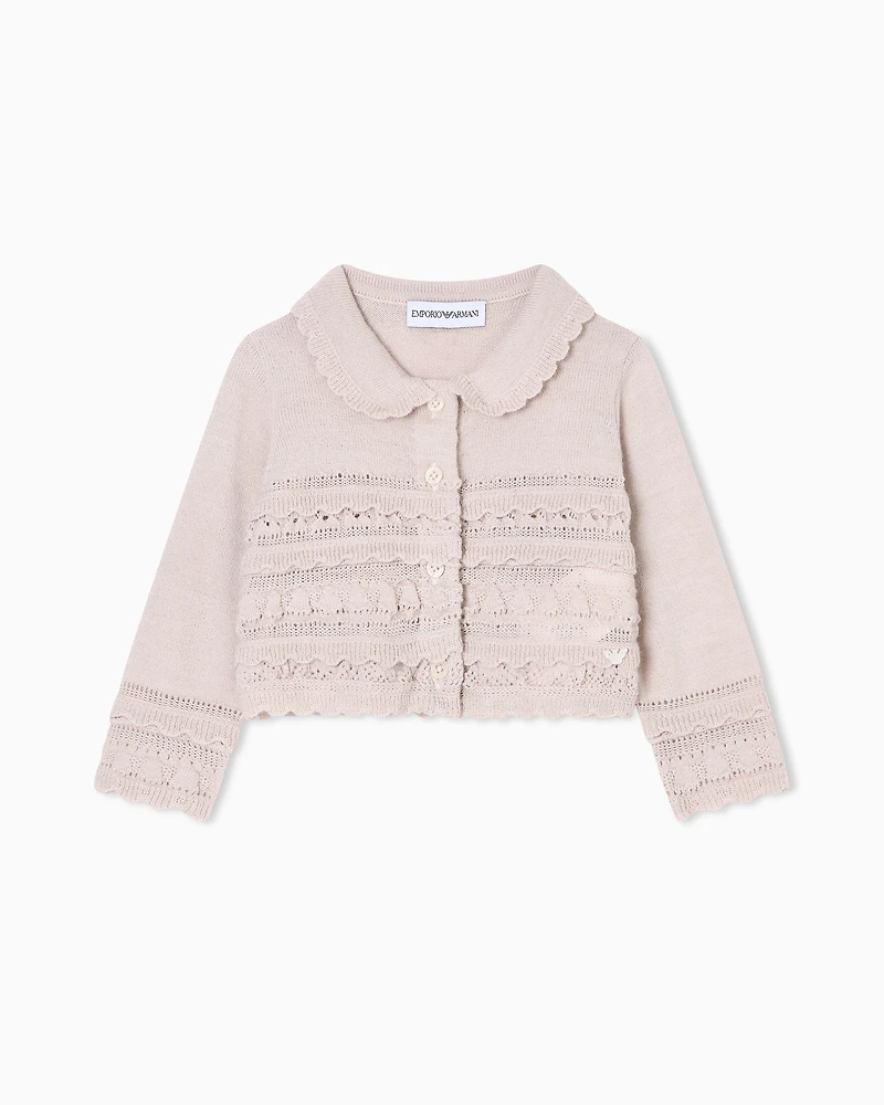 Emporio Armani - Wool-blend knit cardigan with micro ruffles, Girl, Beige, Size:
