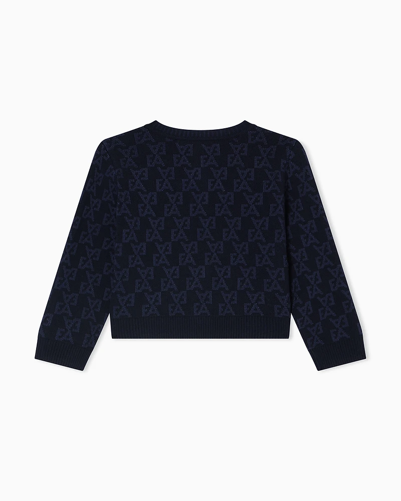 Emporio Armani - Cardigan a jacquard knit with an all-over EA logo, Girl, Blue, Size: