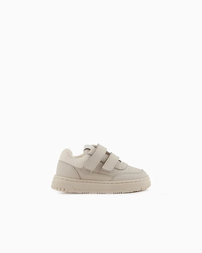 Emporio Armani - Leather sneakers with mesh details, Boy, Beige, Size: