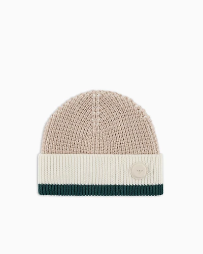 Emporio Armani - Wool-blend beanie a mixed-stitch knit, Boy, Beige, Size: