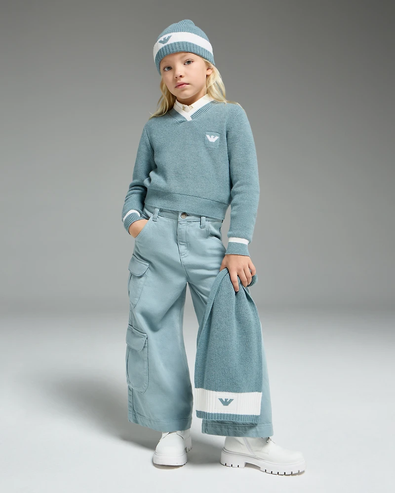 Emporio Armani - Wool-blend beanie and scarf set, Girl, Light Blue, Size: