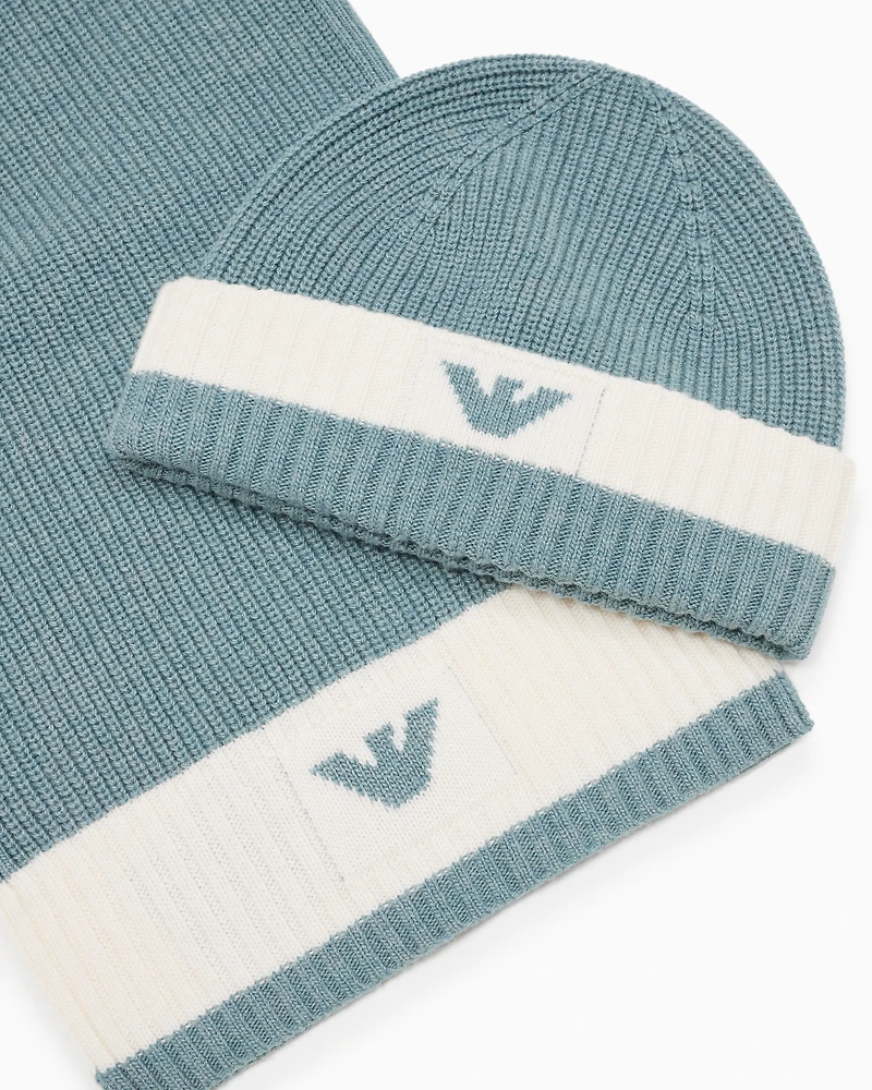 Emporio Armani - Wool-blend beanie and scarf set, Girl, Light Blue, Size: