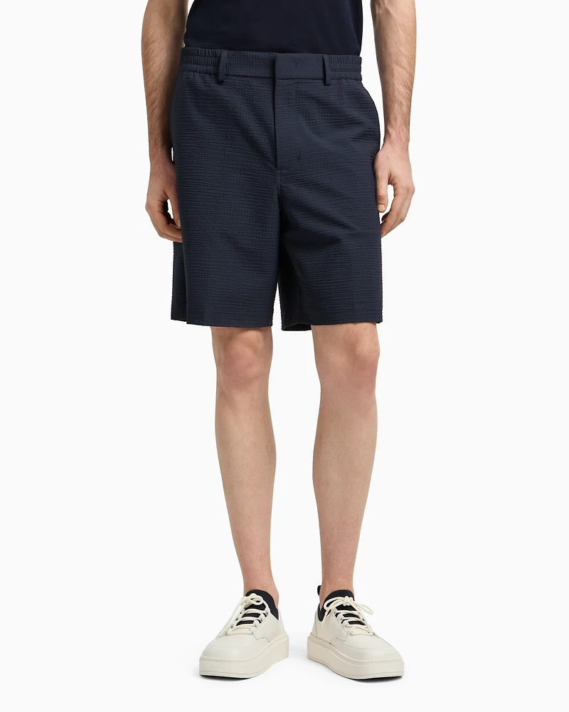 Emporio Armani - Seersucker nylon chino-style Bermuda shorts, Man, Navy Blue, Size: