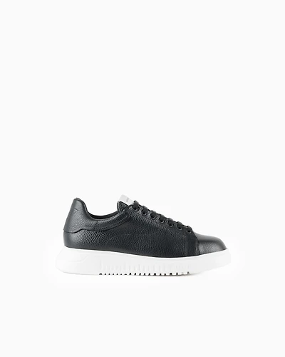 Emporio Armani - Tumbled leather sneakers with knurled soles, Man, Black, Size: