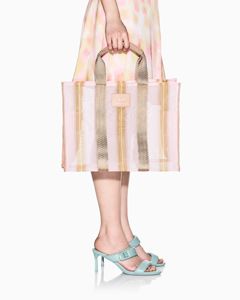 Transparent striped fabric shopper bag