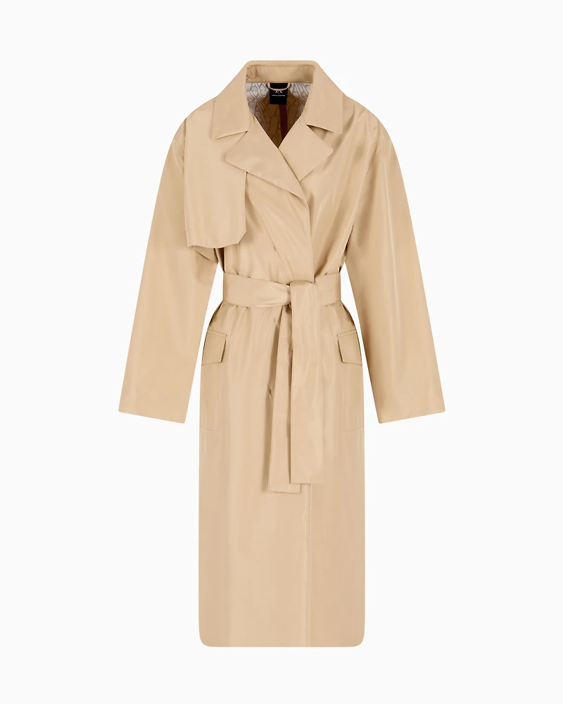 Trench coat with belt shiny fabric