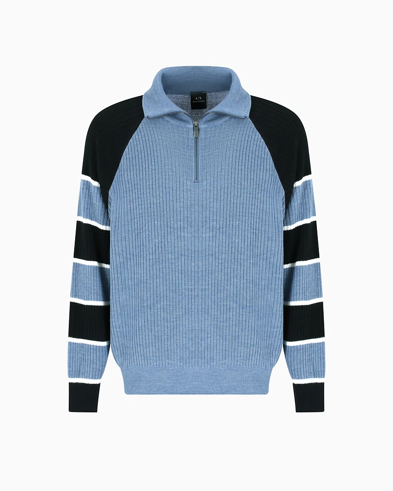 Zip-up sweater with striped sleeves