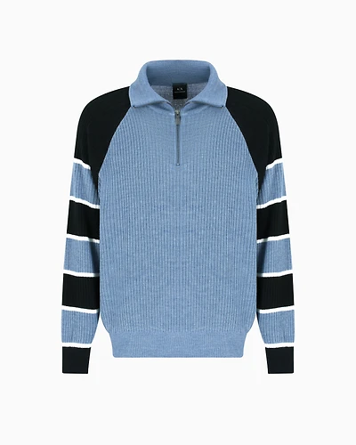 Zip-up sweater with striped sleeves