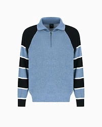 Zip-up sweater with striped sleeves