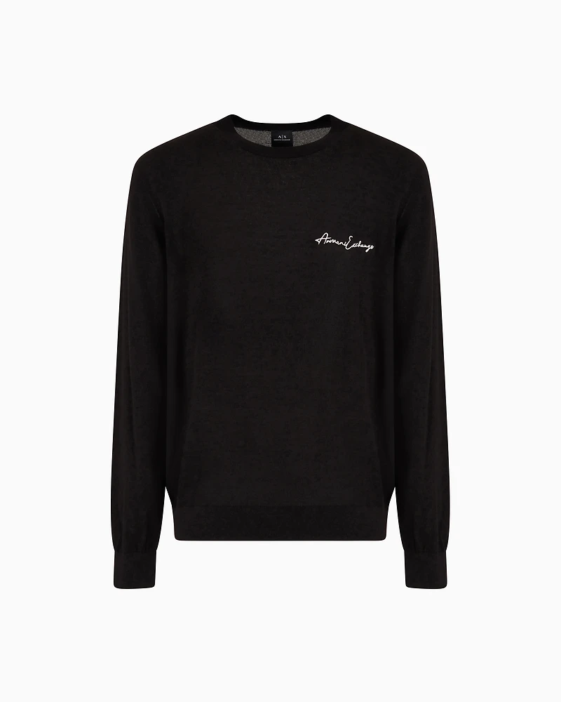 Wool blend crew neck sweater with chest logo