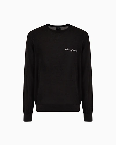 Wool blend crew neck sweater with chest logo