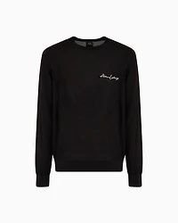 Wool blend crew neck sweater with chest logo