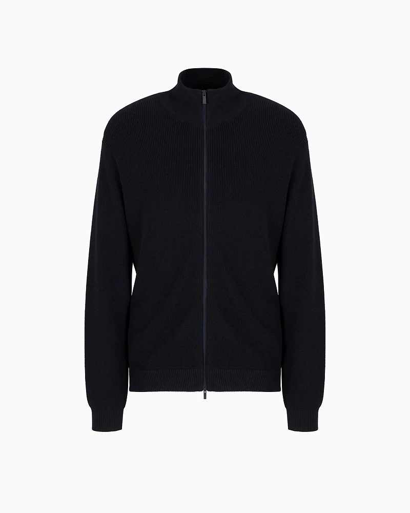 Full zip cardigan cotton and wool blend with ribs